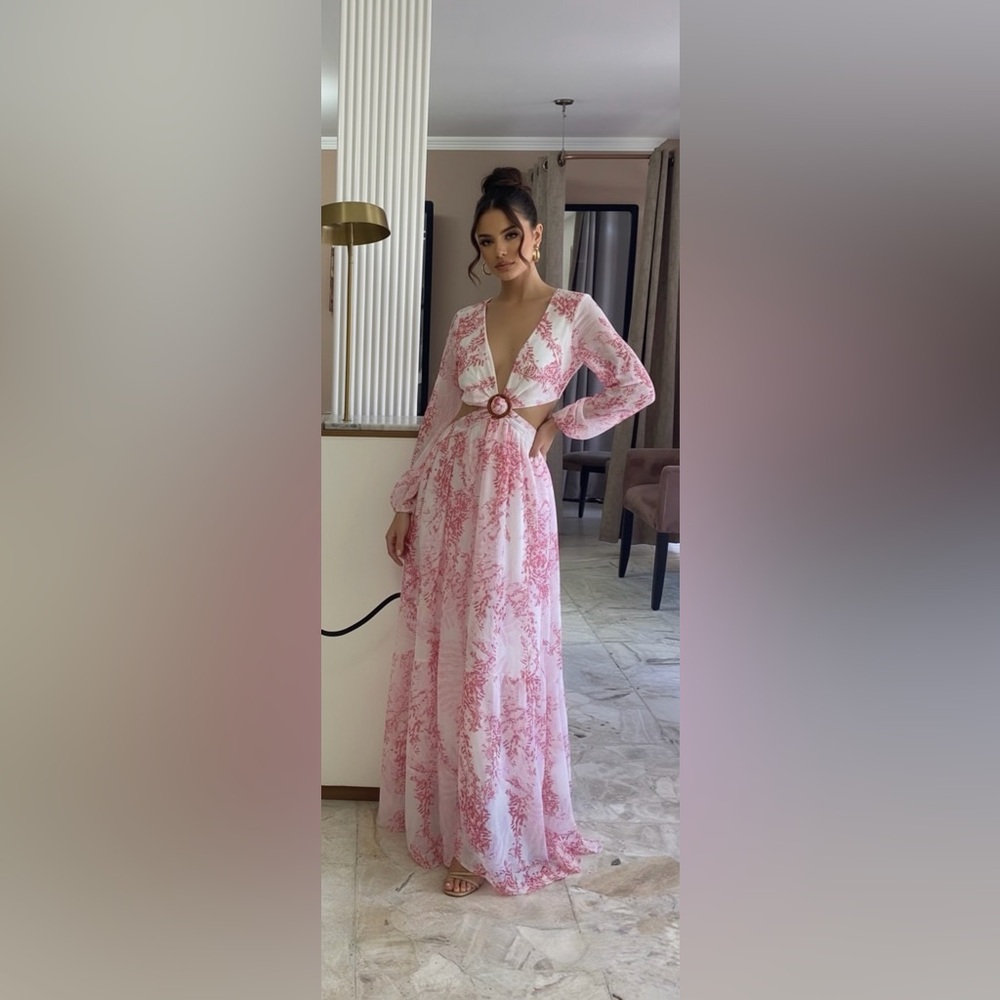 Deep V-Neck Pink Floral Maxi Dress with Waist Ring